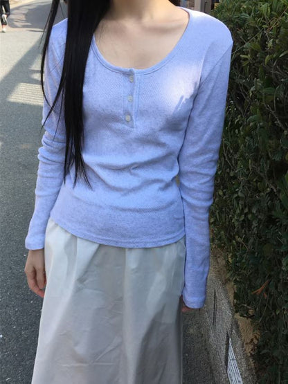 Spring Eyelet Punching Basic henley neck T-shirt