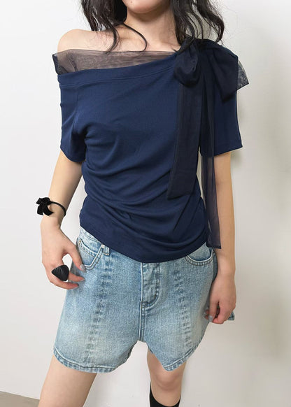 High End Mesh Asymmetrical Bow Off Shoulder Top(3Colours)