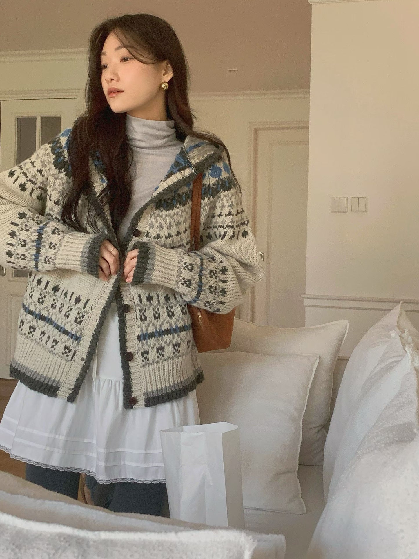 (BF NEW IN) Nordic Pattern Cardigan with Hood