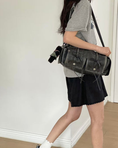 Black Designer Brand Ribbon Leather Shoulder Bag (Large/Mini)