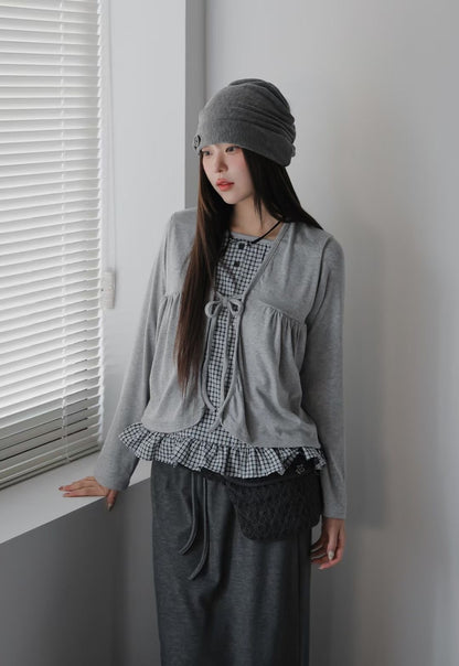 Pretty Check Color Layer Cardigan Long Sleeve Top