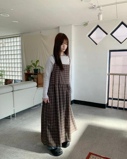 Ribbon Check 2 Way Layering Long Dress Ops