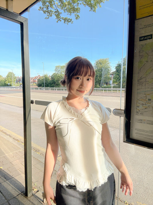 Elegant Balletcore Frill Lace Ribbon Top (White)