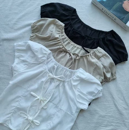 Ribbon Tie Front Puff Sleeve Blouse Cardigan (3Colours)