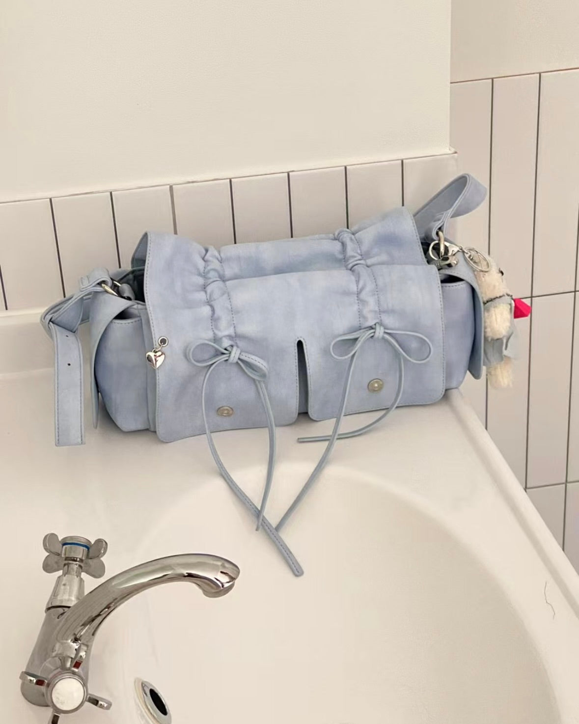 Skyblue Designer Brand Ribbon Leather Shoulder Bag (Large/Mini)