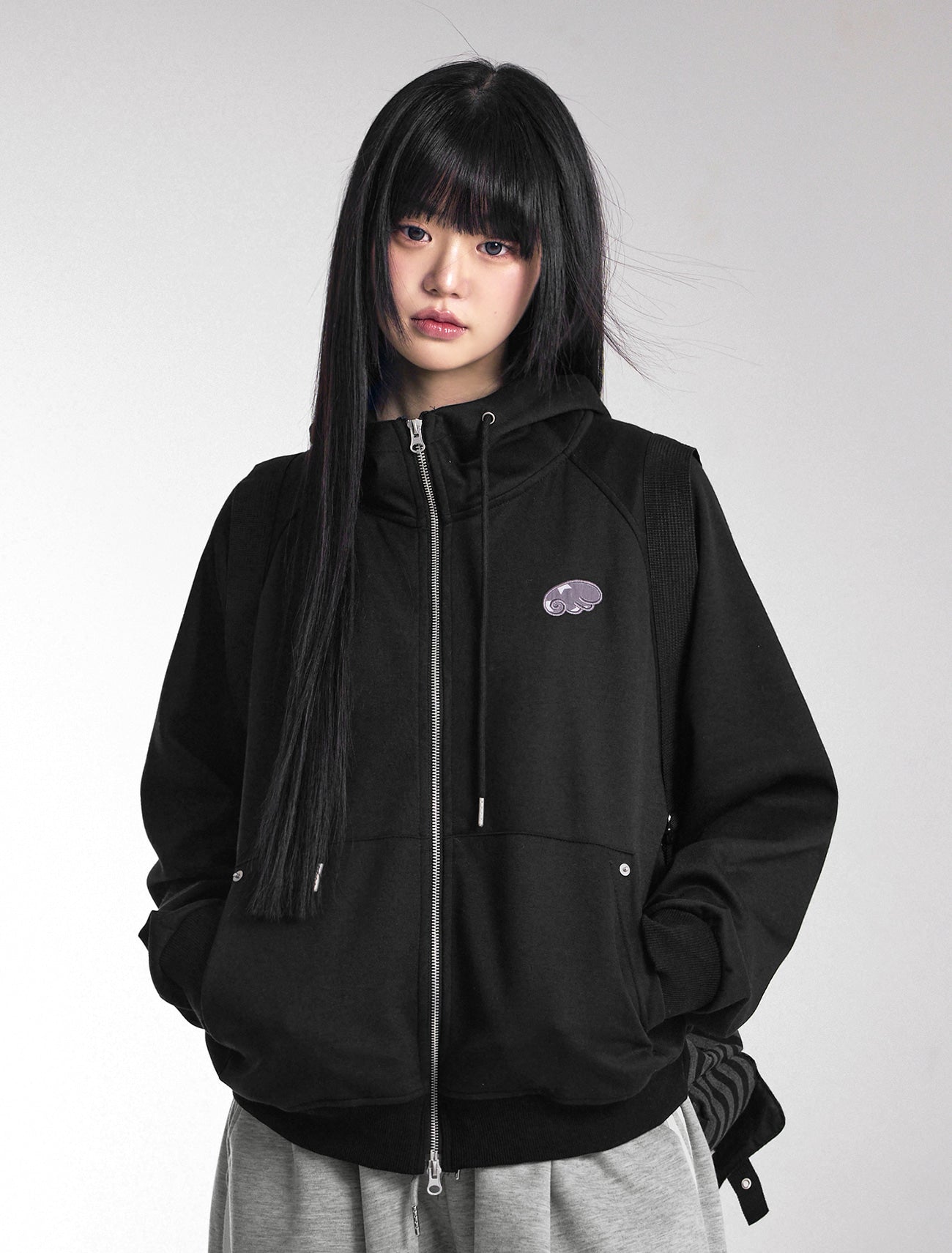 [LOOXP MADE]Angel embroidery patch high neck overfit hooded zip-up