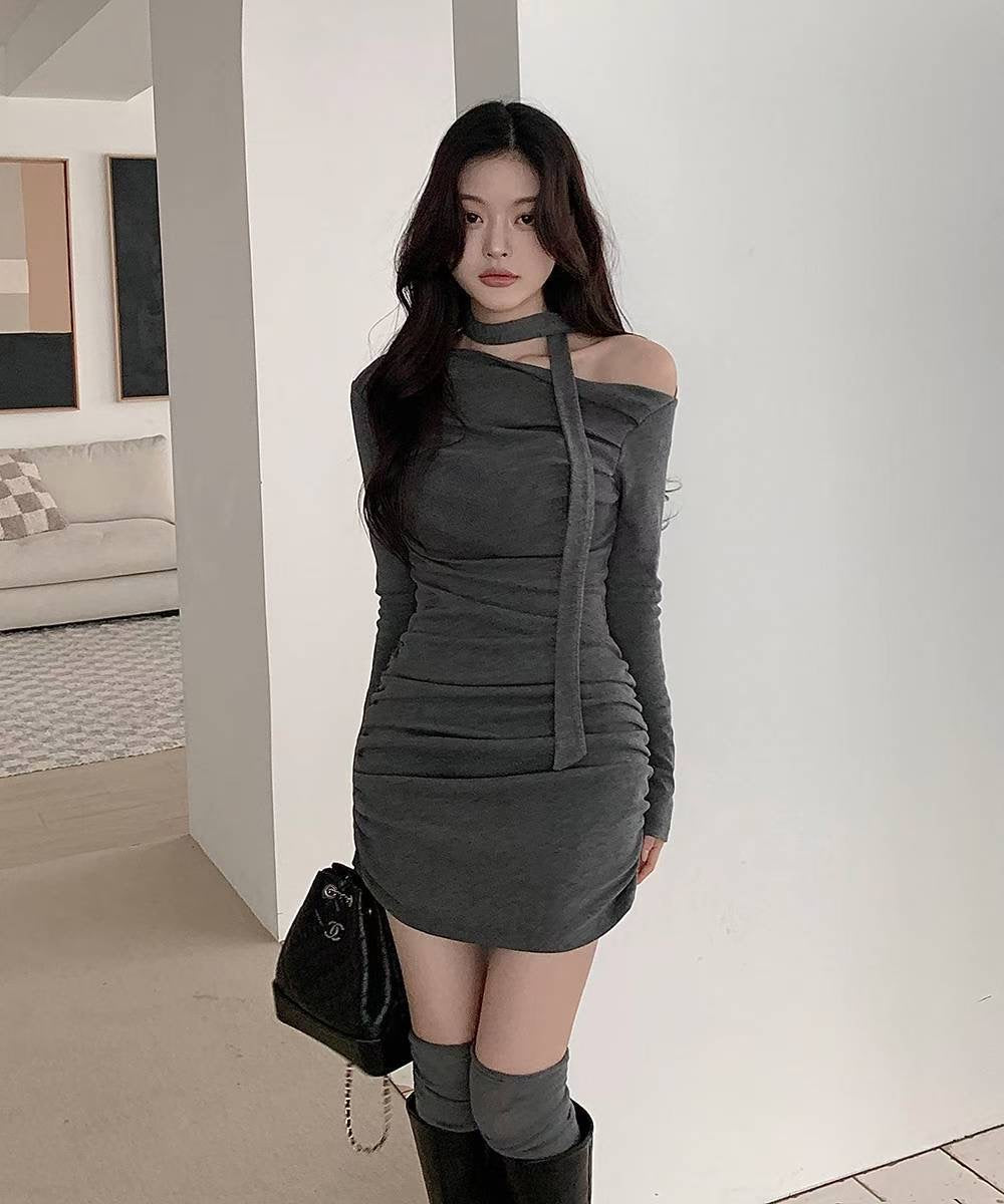 (DEC NEW) Drape with scarf dress set