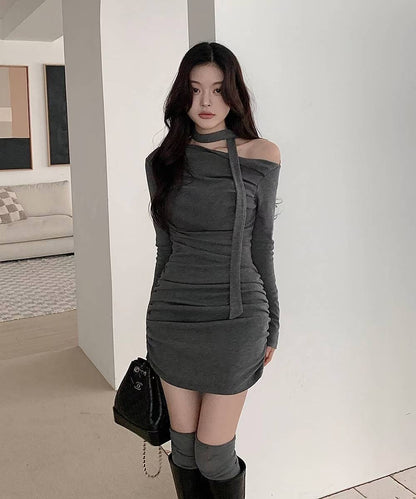 (DEC NEW) Drape with scarf dress set