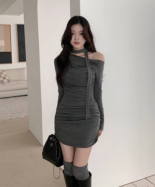 (DEC NEW) Drape with scarf dress set