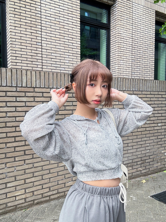 Summer Balloon Sleeves Crop Hooded Zip Up Cardigan (Grey)