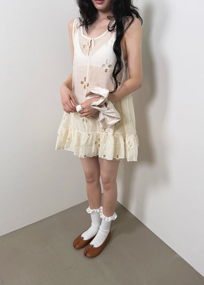 High End Sheer Floral Detail Ruffle Hem Dress Ops