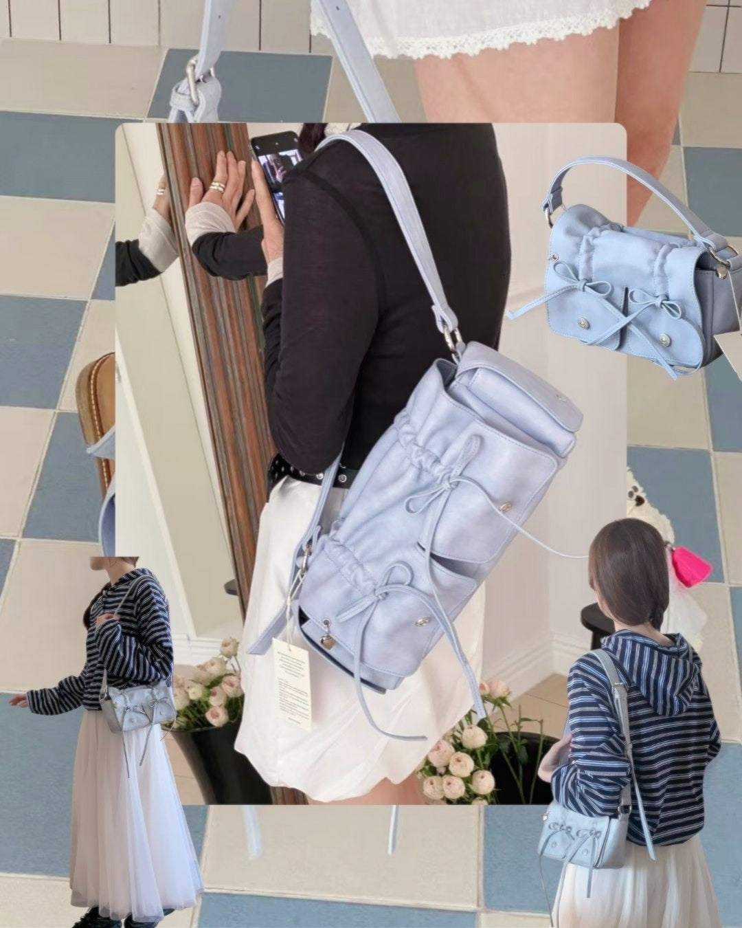 Skyblue Designer Brand Ribbon Leather Shoulder Bag (Large/Mini)