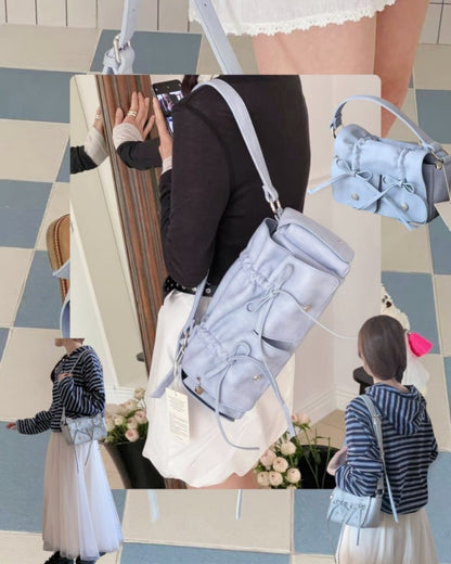 Skyblue Designer Brand Ribbon Leather Shoulder Bag (Large/Mini)