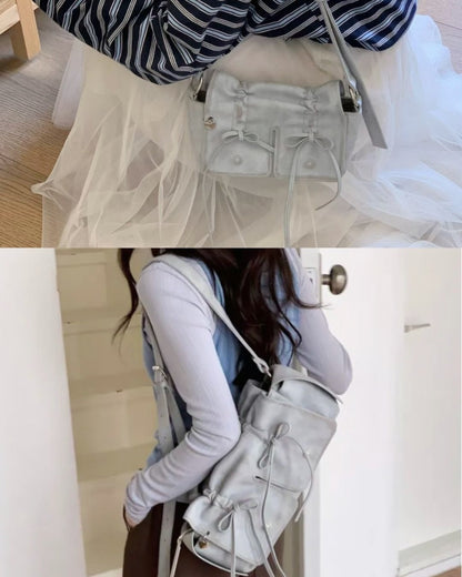 Grey Designer Brand Ribbon Leather Shoulder Bag (Large/Mini)