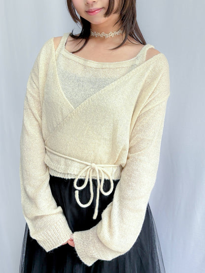 Knit Sleeveless Top and Cardigan Tie Set (Ivory)