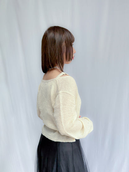 Knit Sleeveless Top and Cardigan Tie Set (Ivory)