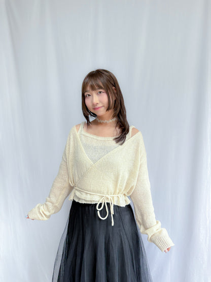Knit Sleeveless Top and Cardigan Tie Set (Ivory)