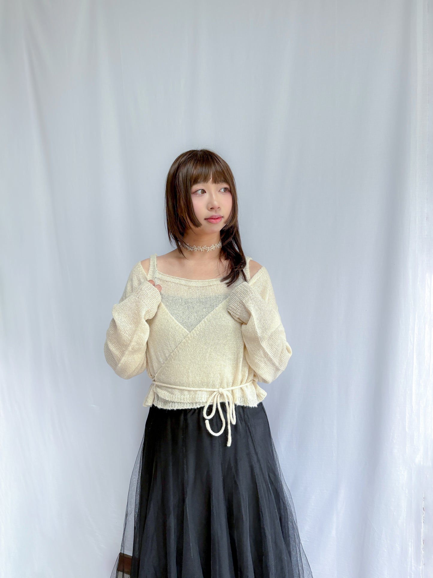 Knit Sleeveless Top and Cardigan Tie Set (Ivory)