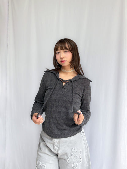 Collar Vintage Lace Up T-shirt (Black)