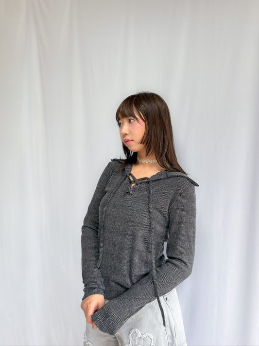 Collar Vintage Lace Up T-shirt (Black)