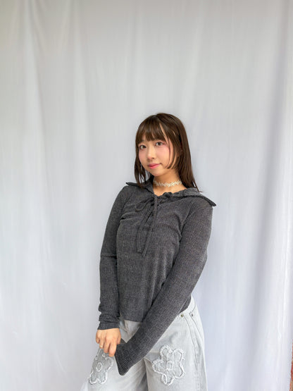 Collar Vintage Lace Up T-shirt (Black)