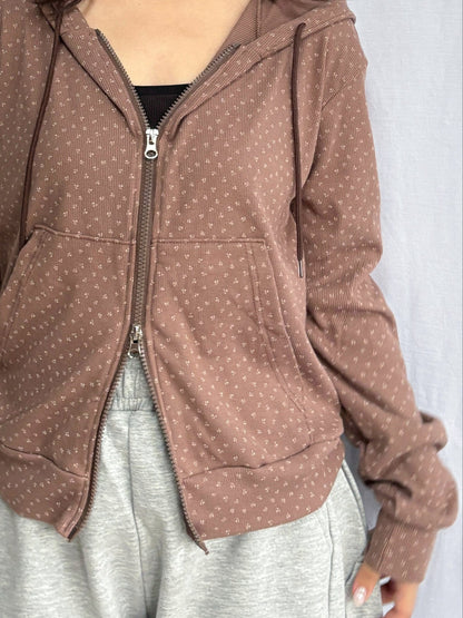 Floral Pattern Hooded Two Way Zip-up Jacket (Brown)