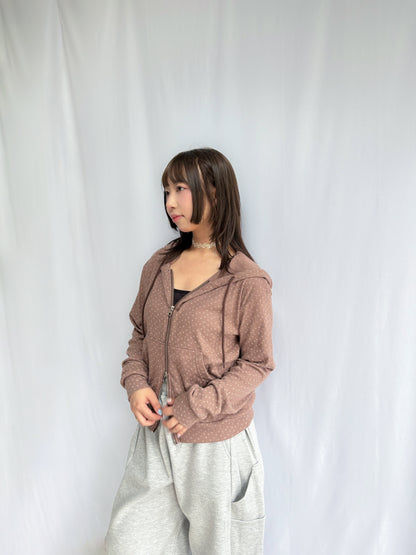 Floral Pattern Hooded Two Way Zip-up Jacket (Brown)