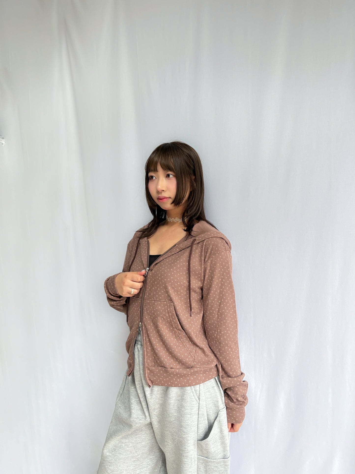 Floral Pattern Hooded Two Way Zip-up Jacket (Brown)