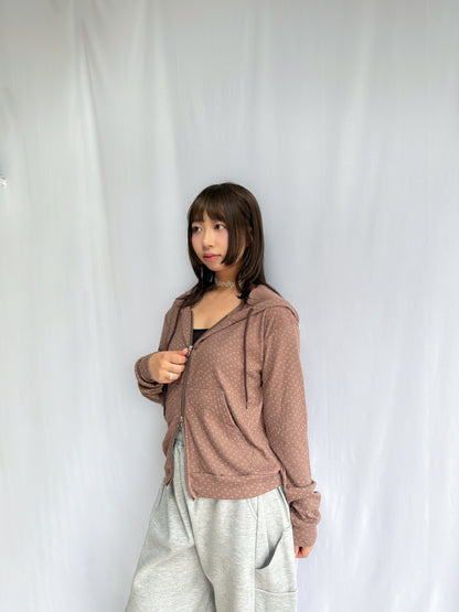 Floral Pattern Hooded Two Way Zip-up Jacket (Brown)