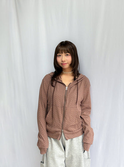 Floral Pattern Hooded Two Way Zip-up Jacket (Brown)