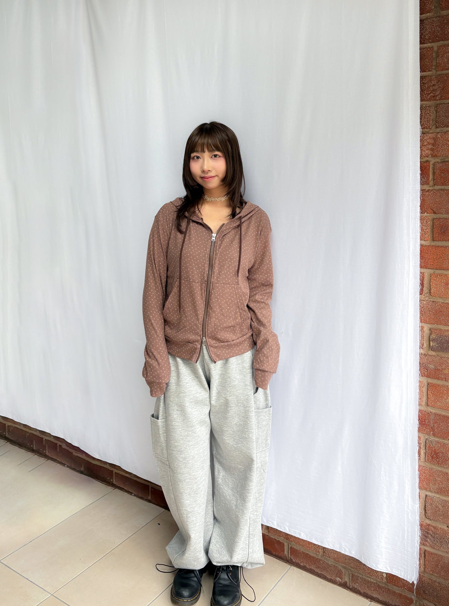 Floral Pattern Hooded Two Way Zip-up Jacket (Brown)