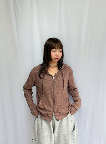 Floral Pattern Hooded Two Way Zip-up Jacket (Brown)