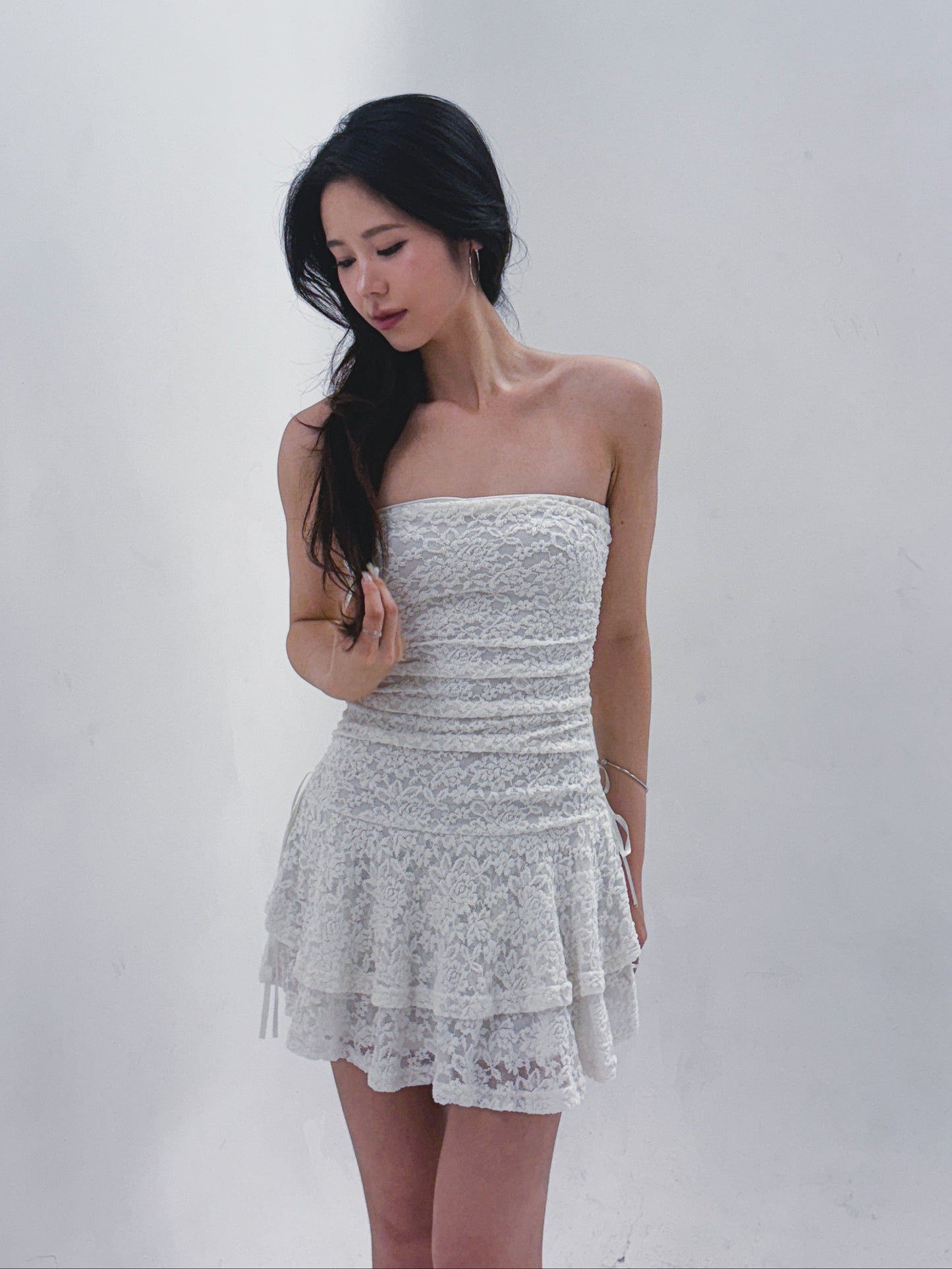 Angelcore Ruched Floral Lace Tiered Ruffle Mini Dress (3 Colours)