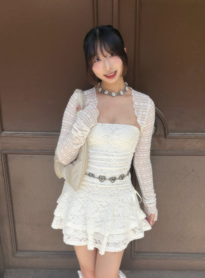 Angelcore Ruched Floral Lace Tiered Ruffle Mini Dress