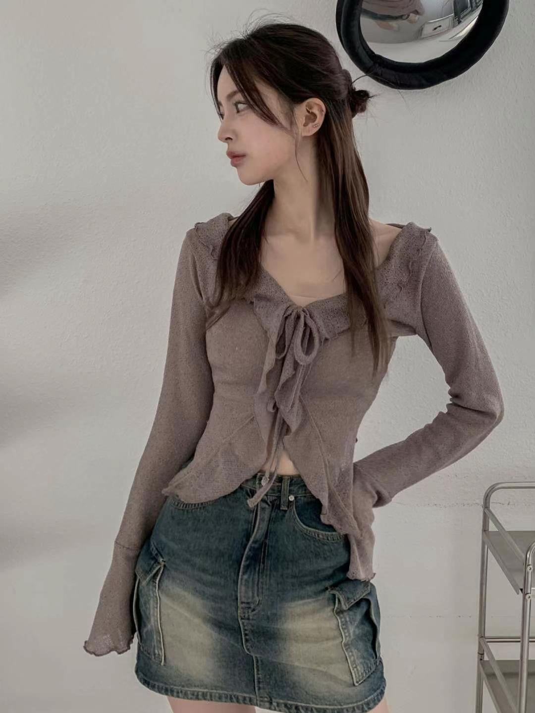 Flared Sleeve Ruffled Jacquard Frill Cardigan (Mocha)