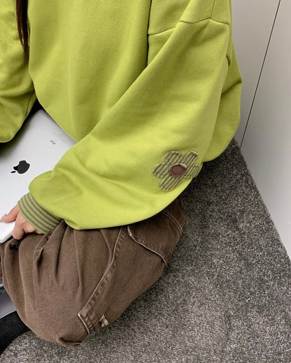 Spring Flower Patch Striped Pattern Loose Fit Sweater