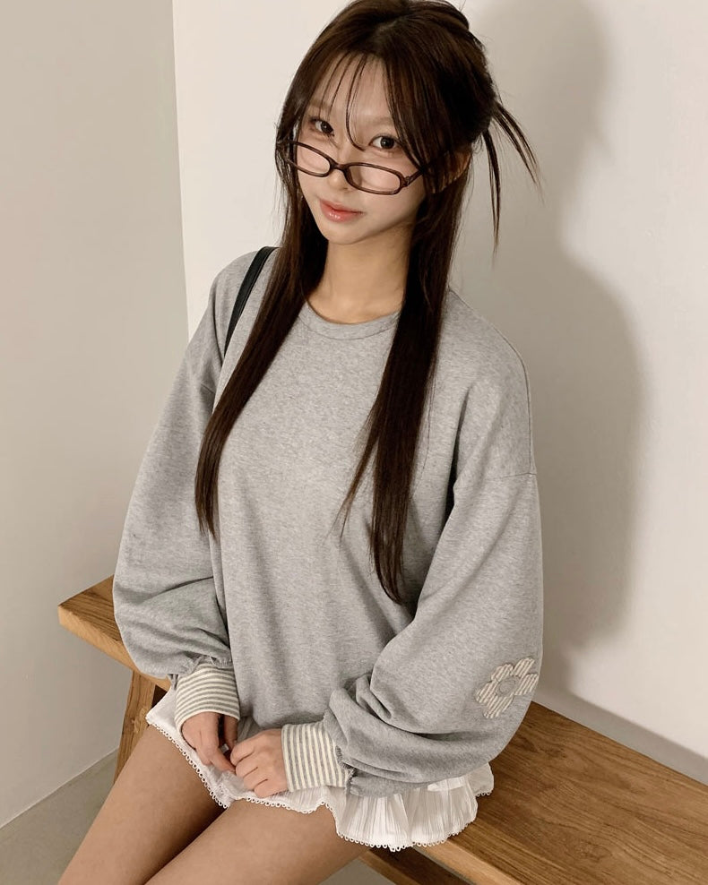 Spring Flower Patch Striped Pattern Loose Fit Sweater