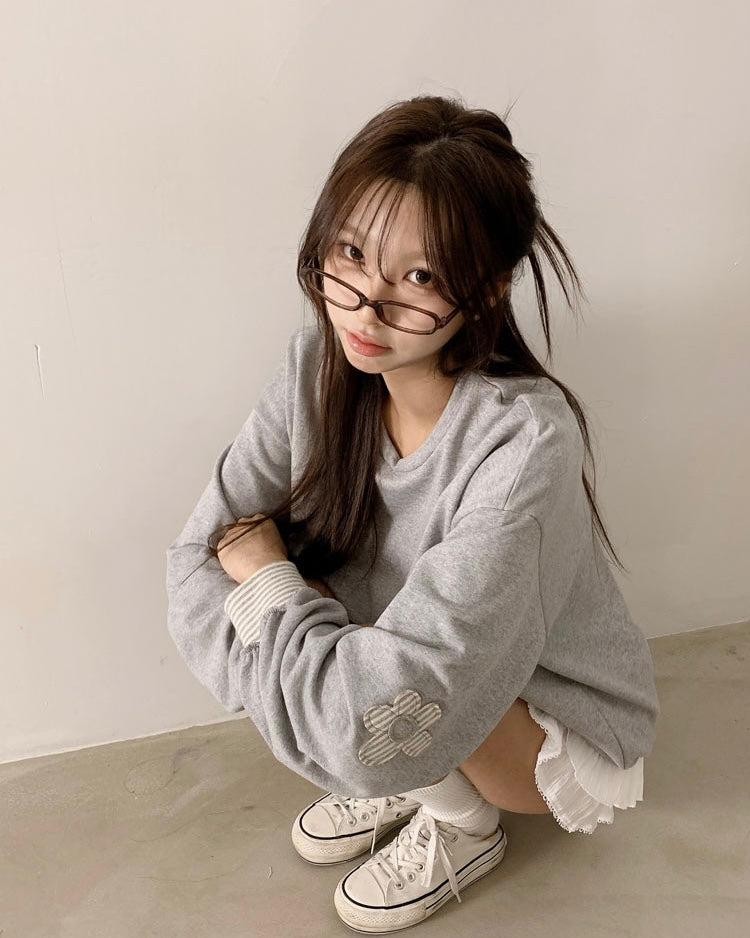 Spring Flower Patch Striped Pattern Loose Fit Sweater