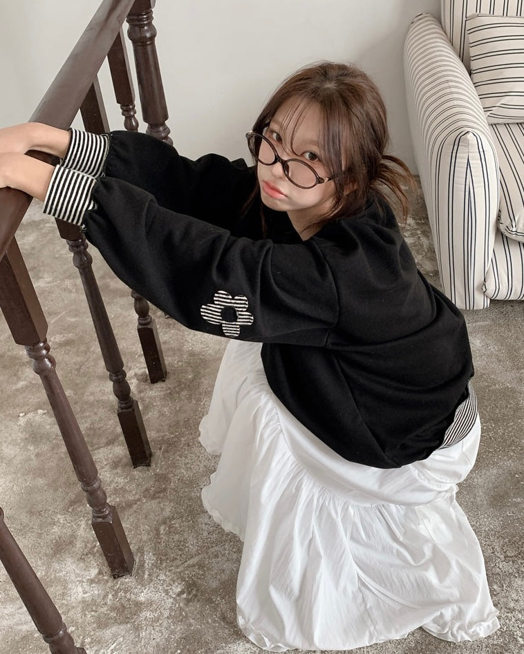 Spring Flower Patch Striped Pattern Loose Fit Sweater