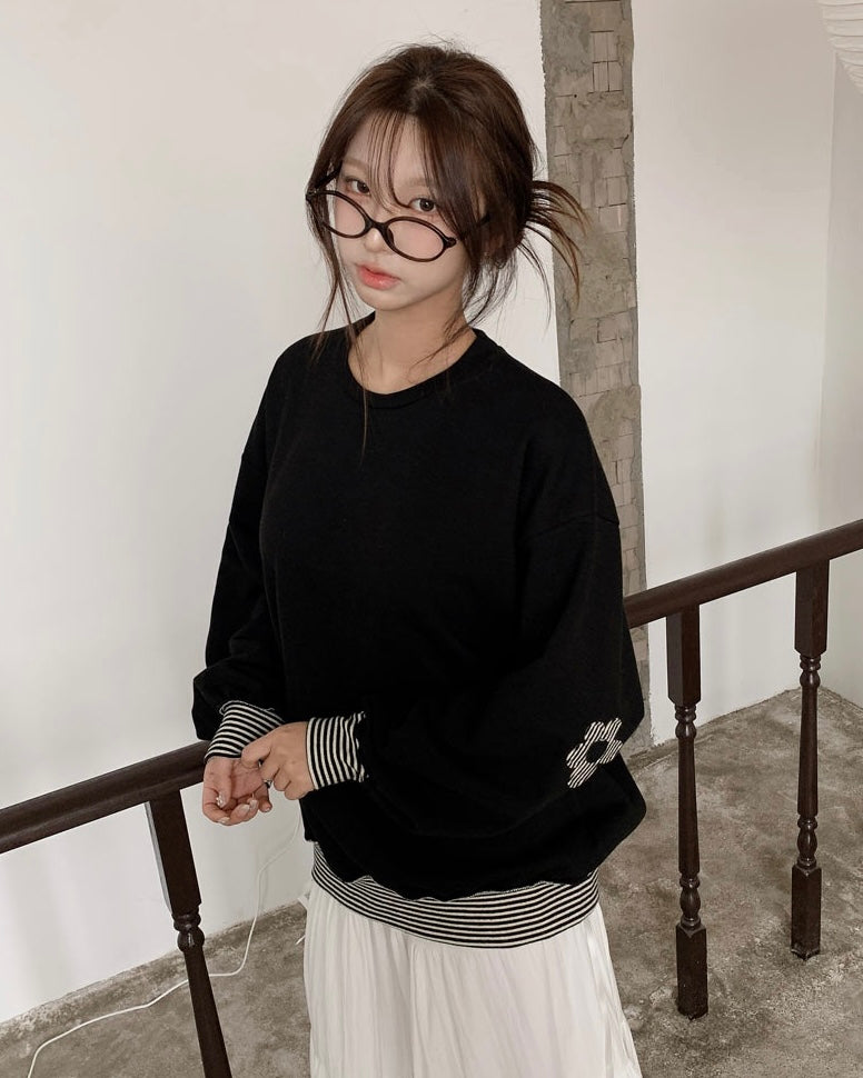 Spring Flower Patch Striped Pattern Loose Fit Sweater