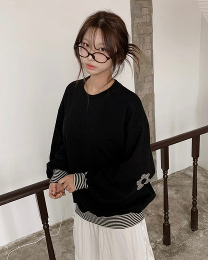 Spring Flower Patch Striped Pattern Loose Fit Sweater