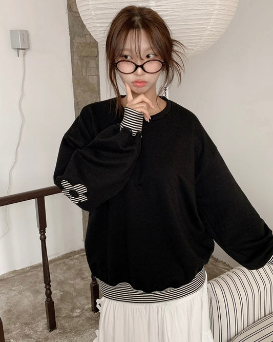 Spring Flower Patch Striped Pattern Loose Fit Sweater