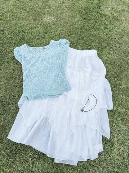 Rose sleeve lace shirring T-shirt (2 Colours)