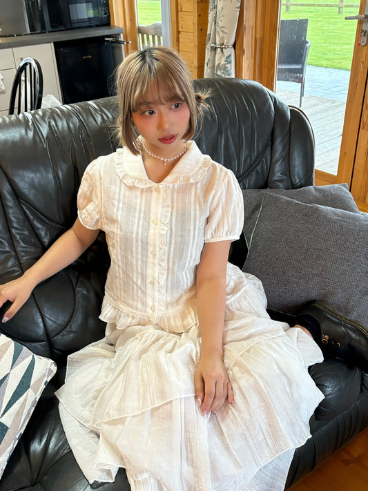 Dolly Button Up Layered Frill Collar Short Sleeve Blouse