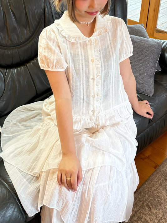 Dolly Button Up Layered Frill Collar Short Sleeve Blouse