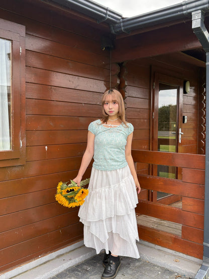 Rose sleeve lace shirring T-shirt (2 Colours)