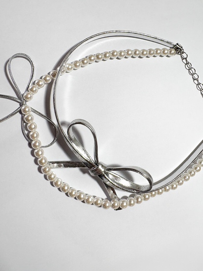 Double Ribbon Pearl Necklace