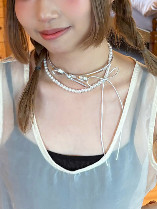 Double Ribbon Pearl Necklace