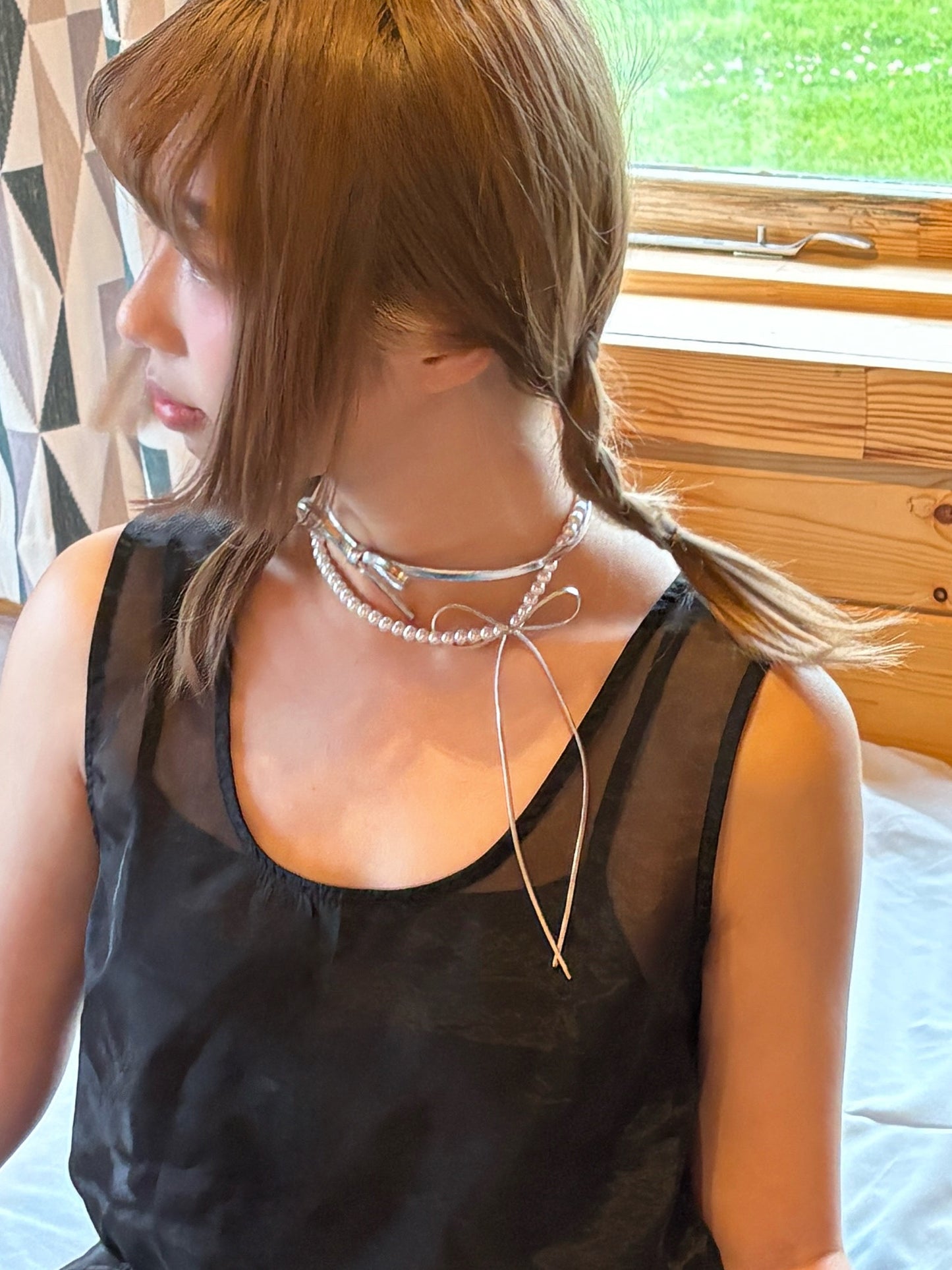 Double Ribbon Pearl Necklace