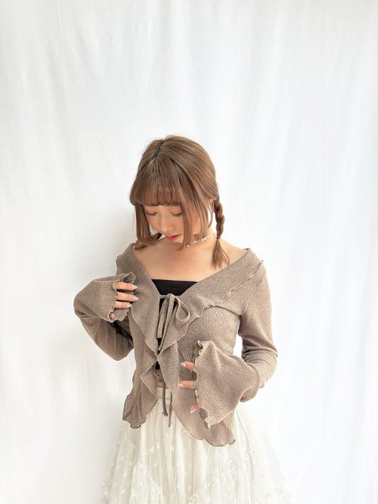 Flared Sleeve Ruffled Jacquard Frill Cardigan (Mocha)